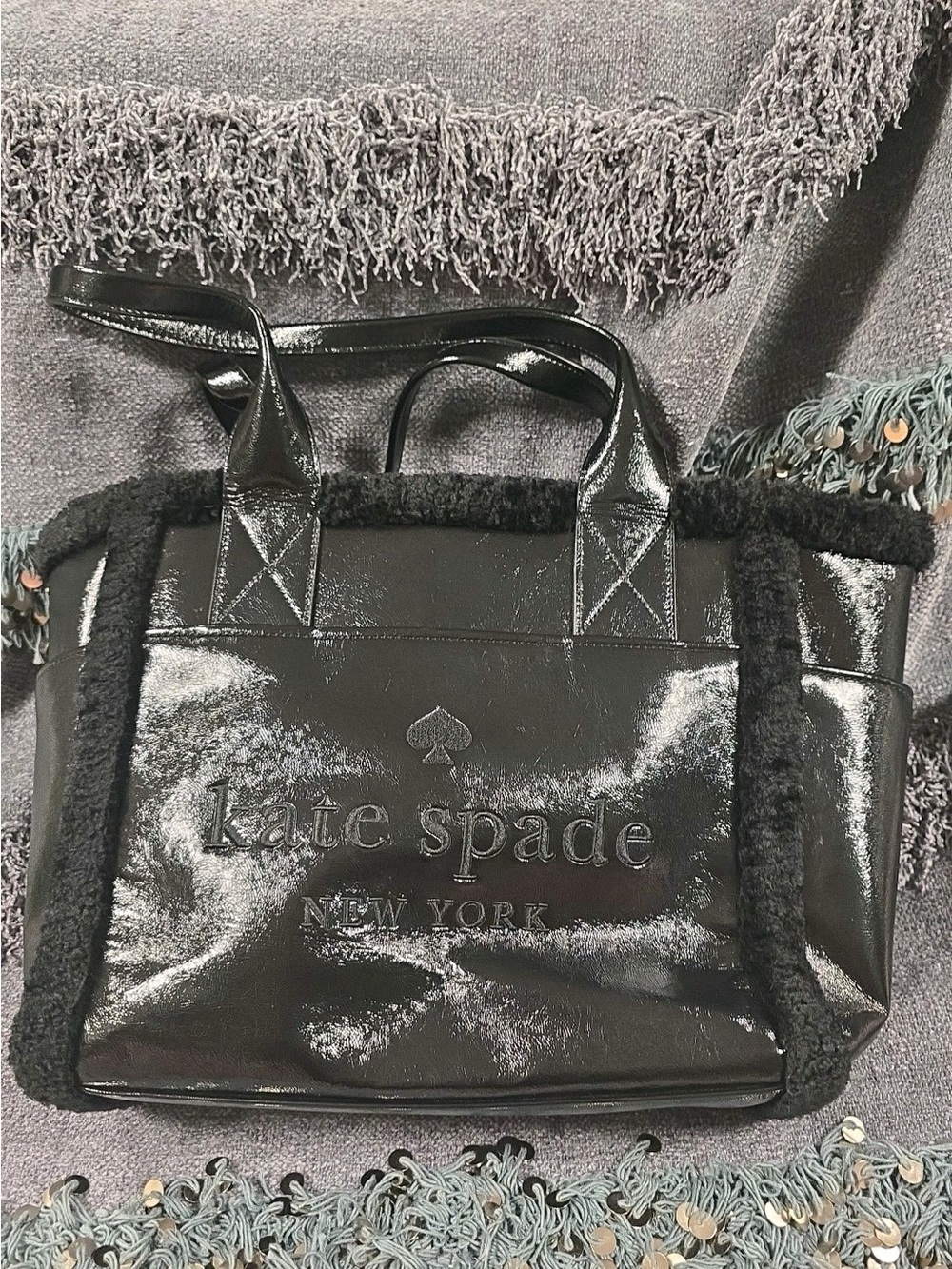 kate spade Black Patent Tote with Shearling Trim
